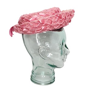 Vintage 50s 60s Womens Breton Hat Bowler Lace Straw Ribbon Pink Barbiecore