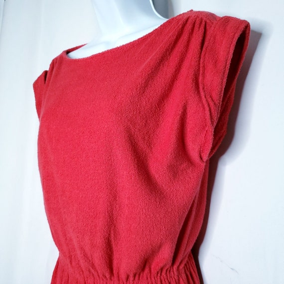 Vintage 70s Terry Cloth Midi Dress Red M Boat Nec… - image 3