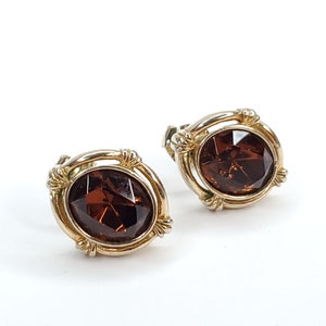 Vintage Avon Goldtone Framed Rusty Brown Oval Cut Rhinestone Earrings Clip On