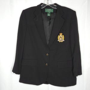 Ralph Lauren Womens Blazer 8 Petite Black Equestrian Crest Patch Horse Preppy