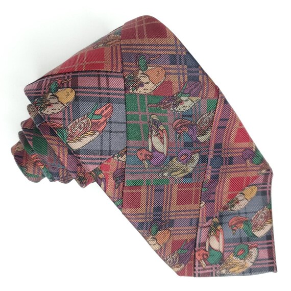 Robert Talbott Silk Tie Patchwork Plaid Ducks Bur… - image 1