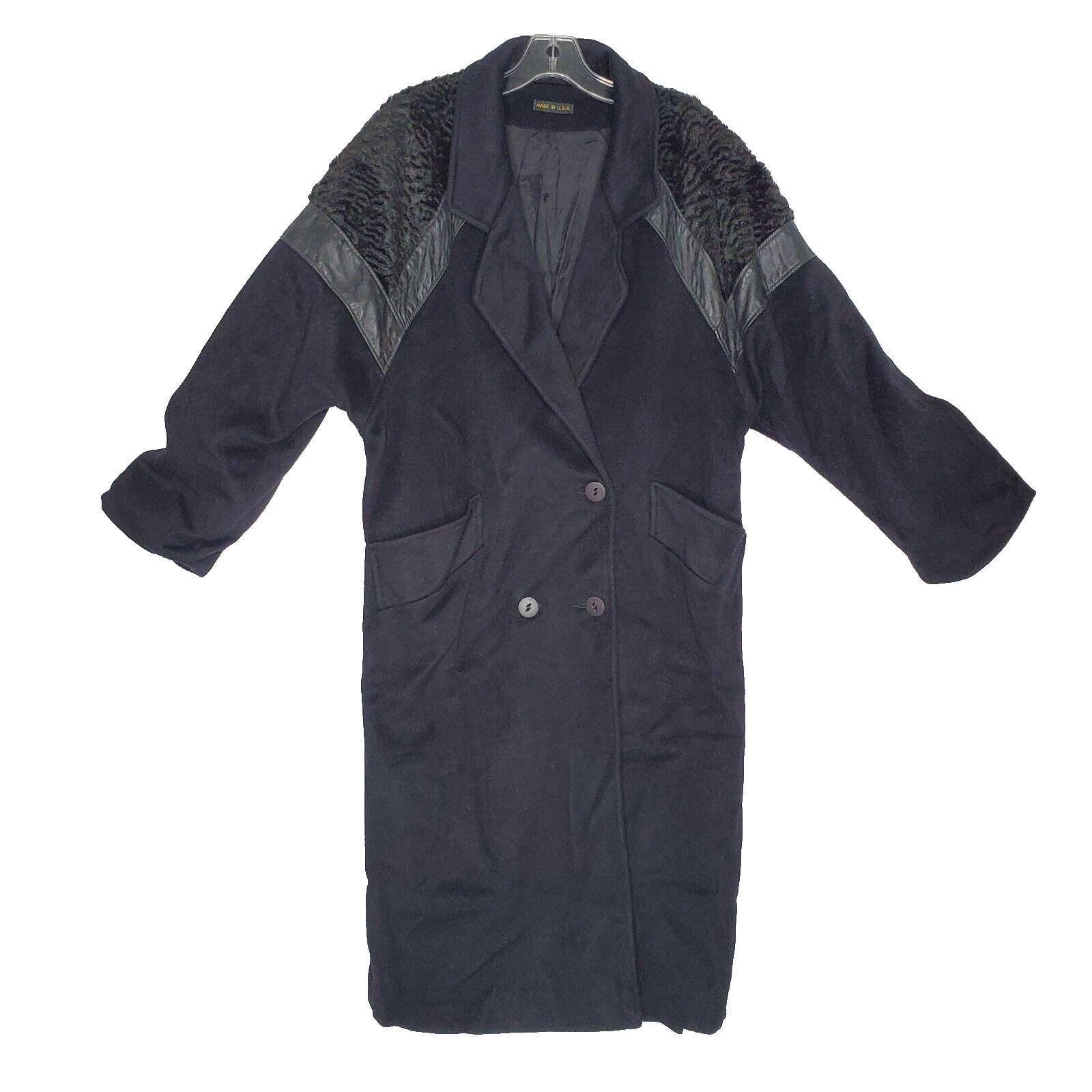 Vintage 80s Long Coat 10P MP Black Faux Fur Leather