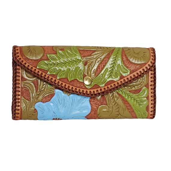 Vtg Hand Tooled Painted Leather Clutch Tri-Fold W… - image 1
