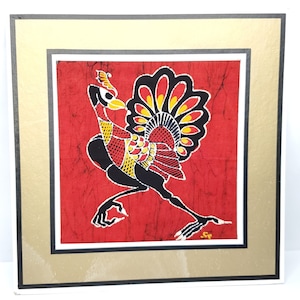 Vtg Indonesia Aswar Batik Collection Bird Peacock Ostrich Wall Decor Red RightFC