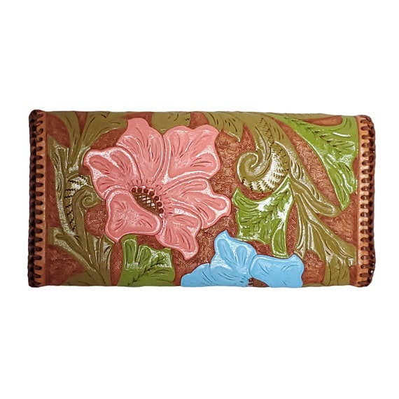 Vtg Hand Tooled Painted Leather Clutch Tri-Fold W… - image 2