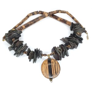 Vintage Statement Wood Chip Necklace Pendant African Safari Beach Boho Brown 26&quot;