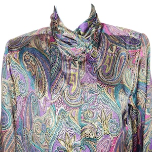 Vintage Tess Paisley Secretary Blouse Sz 4P Purple Teal Gold Shoulder Pads