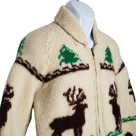 Vtg Cowichan Deer Buck Elk Wool Hand Knit Shawl Sweaters Zip
