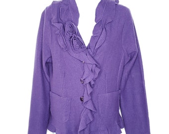 Marisa Christina Wool Cardigan Purple Sweater Sz M Ruffles 3D Flowers