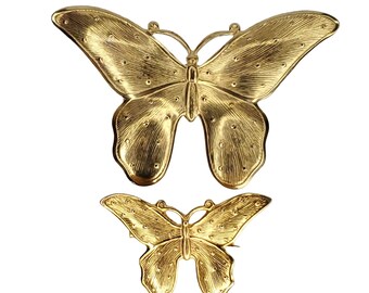 2 Vintage Butterfly Brooches Textured Dots Gold Tone Thin Metal 2 3/4 X 1 7/8