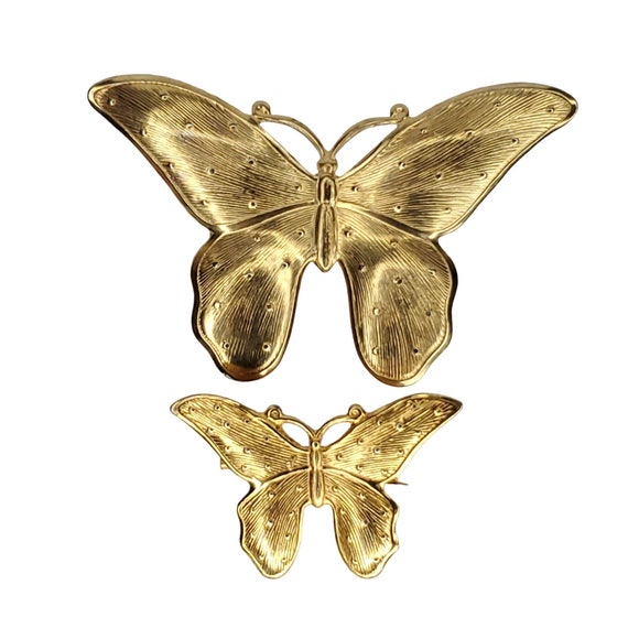 2 Vintage Butterfly Brooches Textured Dots Gold To