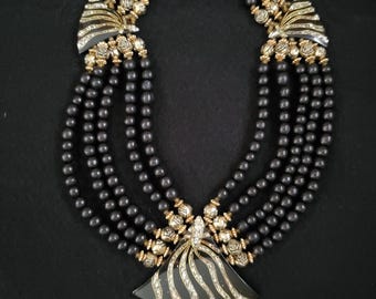 Vintage Statement Necklace Beaded Layered Black Gold Tone Art Deco Revival 26"