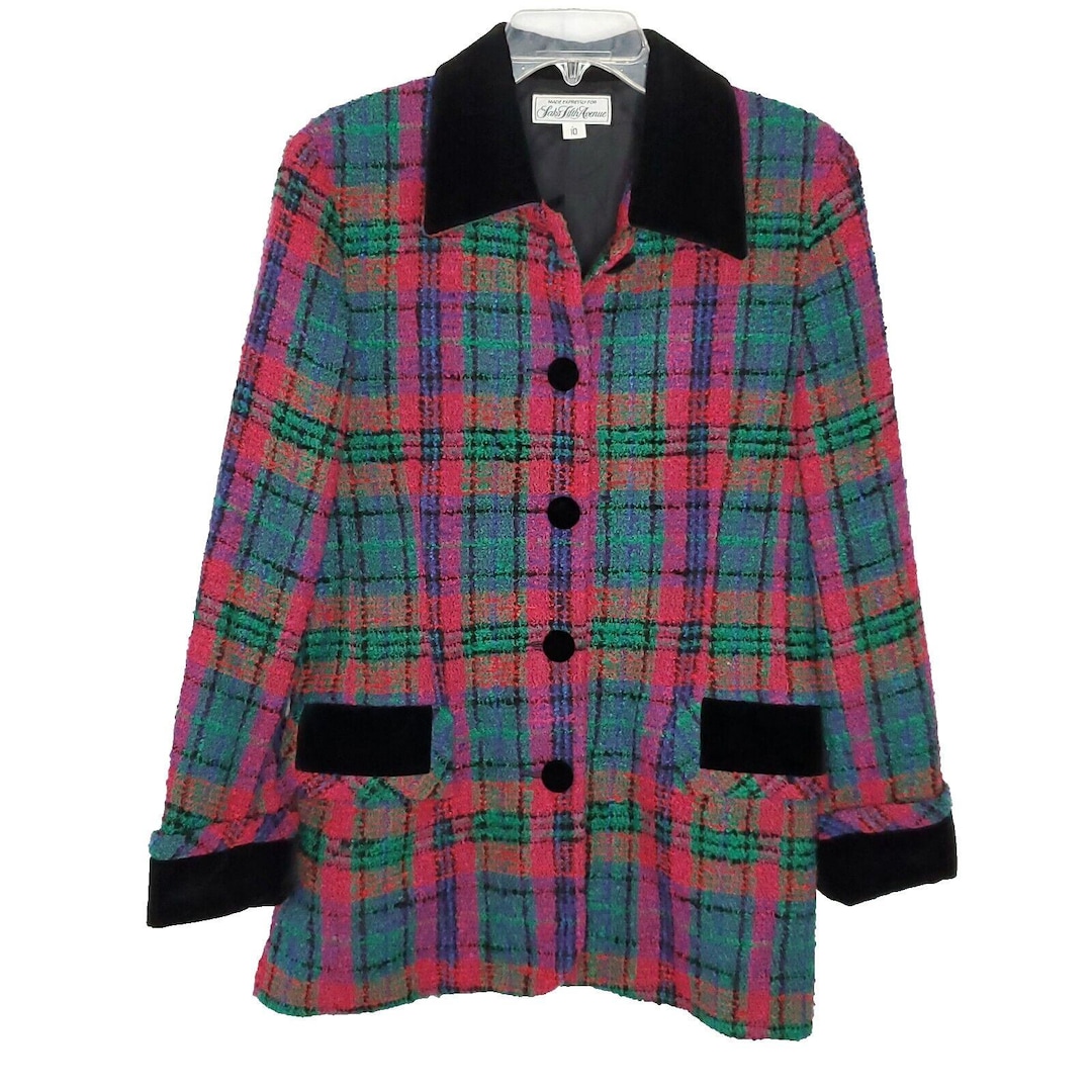 Saks Fifth Avenue Plaid Blazer Jacket 10 Black Green Pink Tweed
