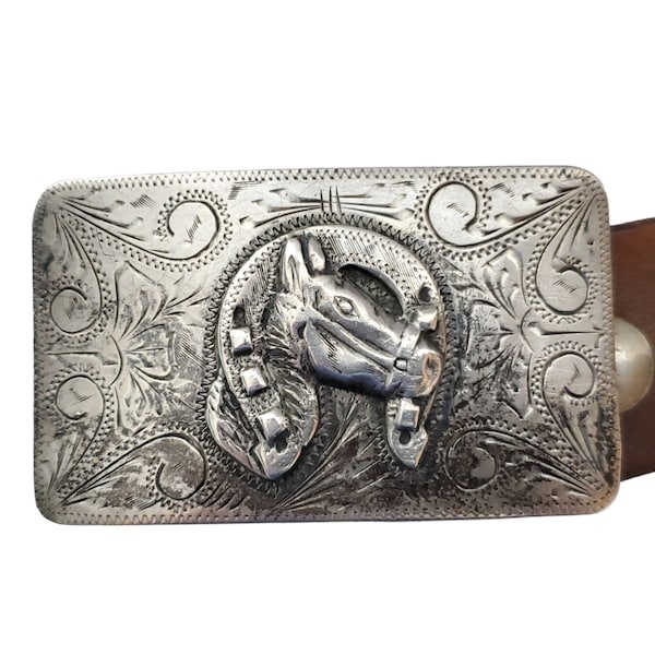 Vtg Sterling Silver Horse Head Shoe Belt Buckle Western Cowboy Rodeo Equestrian