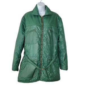 Vintage 70s Womens Winter Ski Jacket Sz M Collared Zip Up Belted Pockets Green