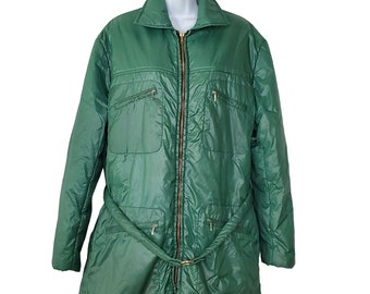 Vintage 70s Womens Winter Ski Jacket Sz M Collared Zip Up Belted Pockets Green