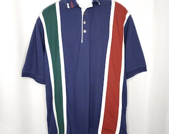 Vtg 90s Y2K Cotton Pique Vertical Stripe Polo Shirt Sz L Navy Blue Red Green