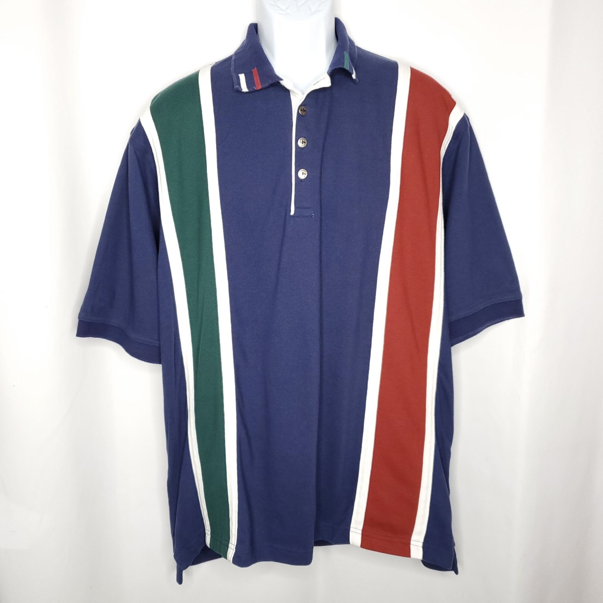 Vtg 90s Y2K Cotton Pique Vertical Stripe Polo Shirt Sz L Navy Blue