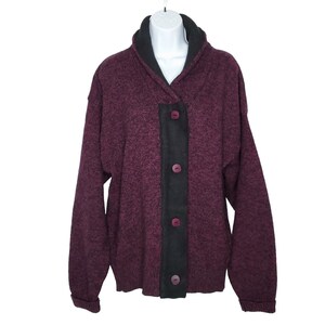 Eddie Bauer Wool Blend Cardigan Sweater L Purple Black Fleece Shawl Collar Vtg