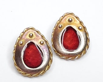 MWS Boho Tribal Tropfen-Ohrringe zum Anklipsen, kunstvoller Seilrahmen in Rot, Silber und Gold
