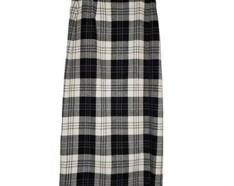 Vtg Evan Picone Wool Blend Plaid Long Wrap Skirt Sz 10 Black White Gray