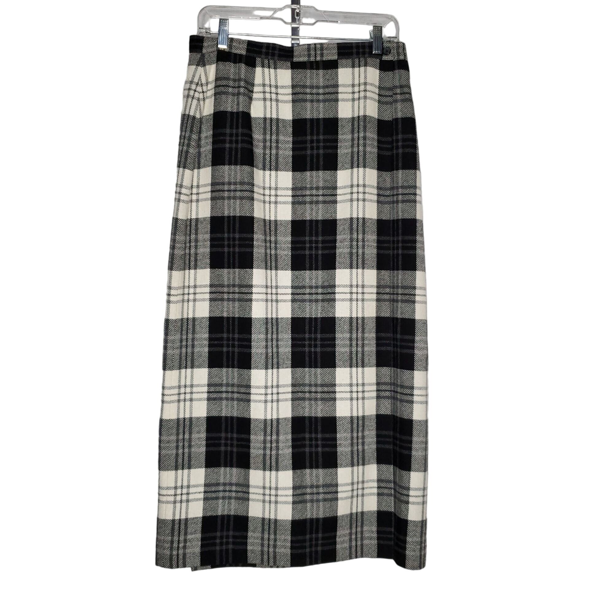 Vtg Evan Picone Wool Blend Plaid Long Wrap Skirt Sz 10 Black White Gray