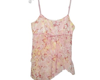 Babydoll Camisole Top 2 XS Pink Floral Chiffon Tiered Ruffle Tank Y2k Fairycore