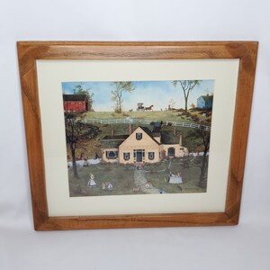 Vintage Linda Nelson Stocks Framed Print Folk Art Covered Bridge Cottage