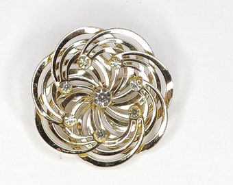 Vintage Swirl Rhinestone Brooch Open Work Goldtone Metal Statement Brooch 1.875"