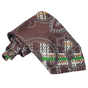 Vintage 70s Mens Wide Textured Necktie Geometric Paisley Stripe Tie Brown Green Groovy Abstract