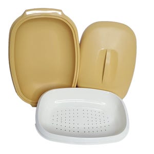 Vintage Tupperware-stomerzeef met deksel 3-delig Harvest Gold Plantaardige rijst