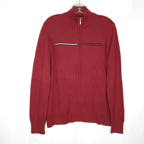90s Y2k Tommy Hilfiger Full Zip Cardigan Sweater XL Red Cable Knit 