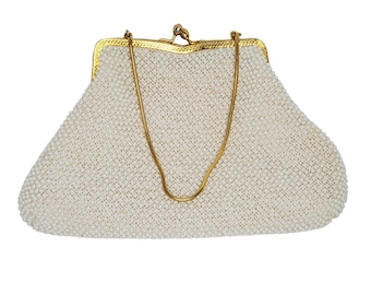 Vintage 50s B. B. BB Beaded Purse Clutch White Beads Gold Chain Polka Dot