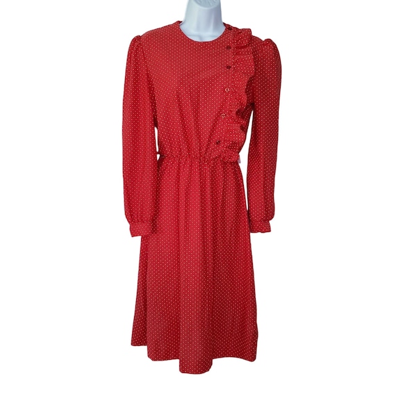 Vintage 70s Flare Polka Dot Dress Sz M Red White … - image 1