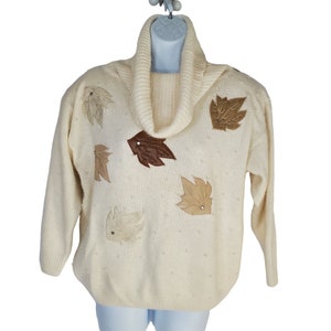 Vintage NEW 90s Cowl Neck Silk Angora Sweater M Autumn Leaf Faux Pearls Beige