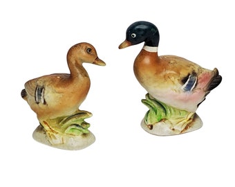 Paire Vtg Canard colvert oiseau salière et poivrière en céramique mâle femelle Japon