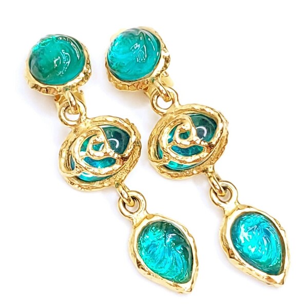 Statement Triple Drop Earrings Gold Tone Teal Green Blue Clip Carved Cabochons