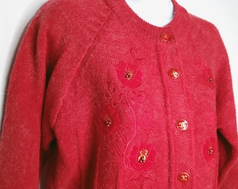 Vintage Red Floral Button Up Cardigan Sweater M Faux Pearls Embroidery Wool?