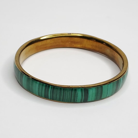 Vintage Brass Green Striped Malachite Bangle Brac… - image 4