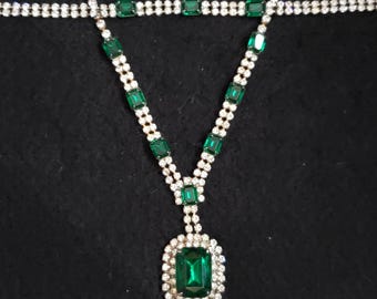 Strass ketting armband set groen zilverkleur 16" 6,5"