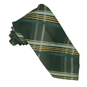 Vintage 70s Mens Wide Necktie Green Yellow Grey Plaid Tie