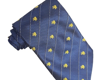 Vintage Kai Lange Seidenkrawatte Blau Streifen Gelb Elefanten Good Luck Handgemacht