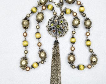 Vintage VCLM Necklace Victorian Revival Beaded Rhinestone Tassel Green Brown 26"
