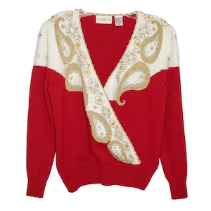 Vintage 90s Christmas Holiday Sweater S Paisley Floral Beaded Red Metallic Gold