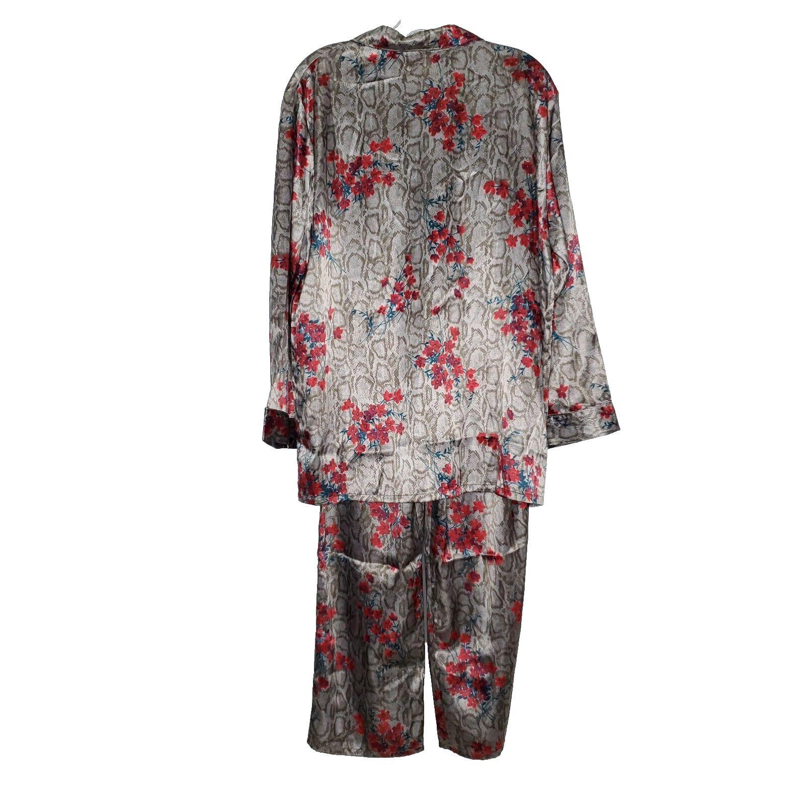 Valerie Stevens Satin Pajama Set M Floral Snake Print Long Sleeve 