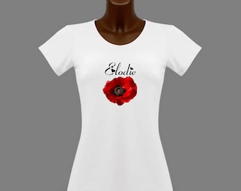 White poppy women t-shirt personalized with name