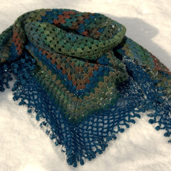 Forest - Shawl, scarf / crochet half-granny square blue-green dark brown