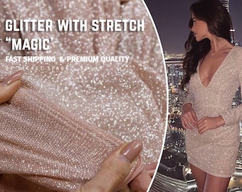 NEW! Amazing Platinum on Blush mesh glitter with stretch "Magic" , elastic stretch glitter fabric for dresses | Magic glitter