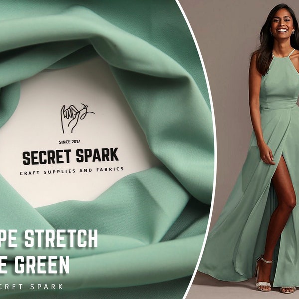 NEW Sage Green Crepe Stretch fabric by the yard for Fitted Cloth, Premium Pale Green Elastic crepe stretch Fabric for Tight dresses skirts