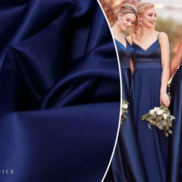 Gia  - Navy Blue dense satin without stretch, Dark blue dense satin for bridesmaid dress, Navy satin fabric wholesale